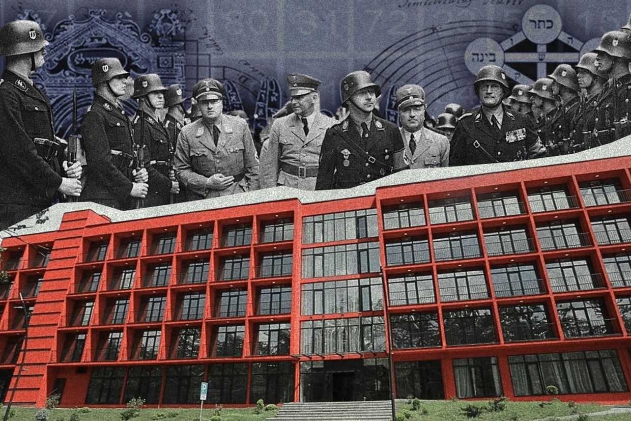 Members of the SS 'Ahnenerbe' unit stand against Numerology symbols and behind Kutaisi International University. Collage by Tamar Shvelidze/OC Media.