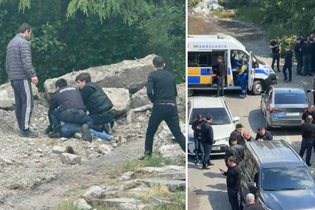 Left: Police beating an individual in Gori in May 2026. Right: The ambulance crew is at the scene of the incident. Photos via Qartli.ge