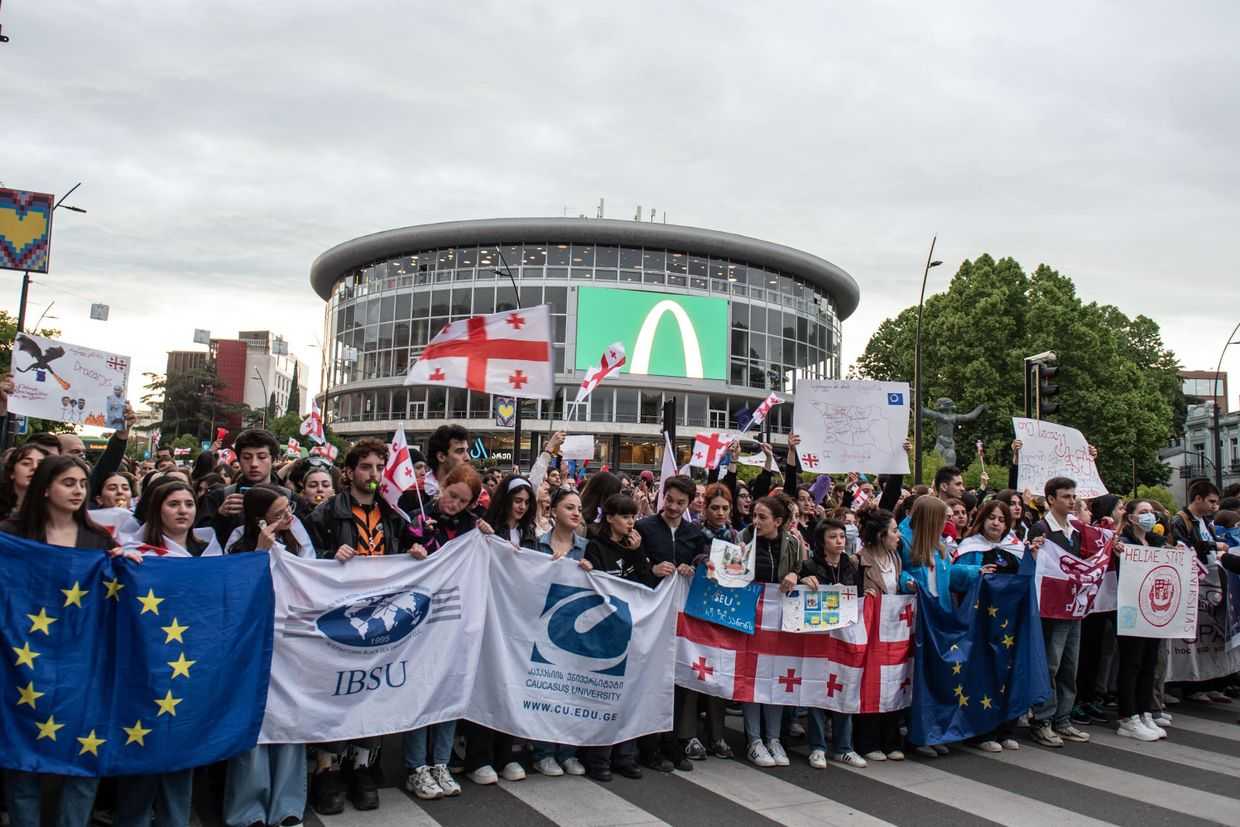 Students marching against the foreign agents law in May 2024. Photo: Mariam Nikuradze/OC Media