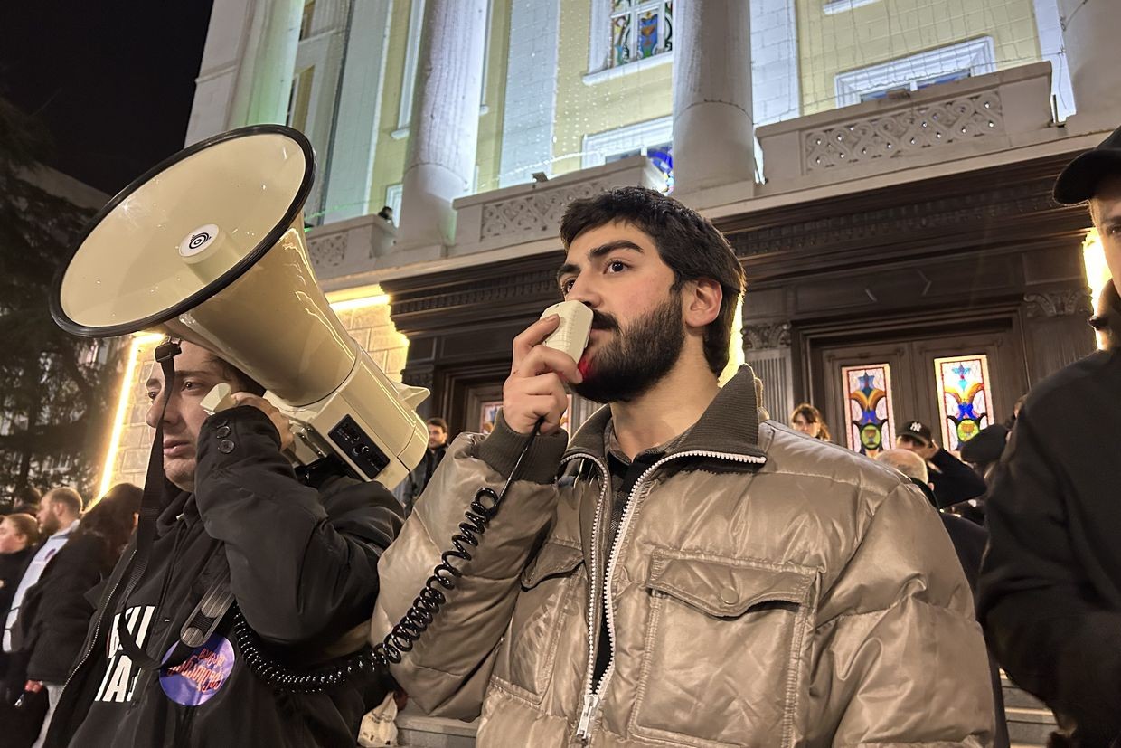 A student gives a speech during a demonstration at the Georgian Technical University (GTU). Photo: Mikheil Gvadzabia/OC Media.
