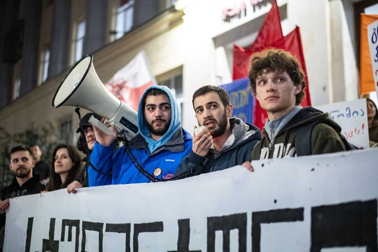 Students protesting at Ilia State University (ISU) following the Education Minister’s announcement. Photo: Mariam Nikuradze/OC Media.