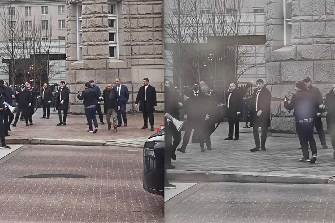 A screengrab from an article by the Azerbaijani pro-government media outlet Trend entitled 'Invisible heroes of Azerbaijan's security' that shows President Ilham Aliyev's security detail confronting protesters in Washington.