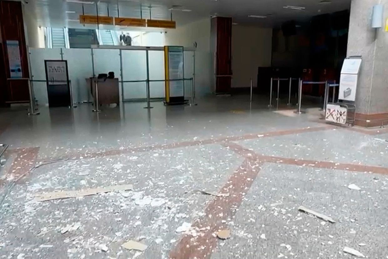 This image taken from a video shows damages at the Nakhchivan International Airport in Azerbaijan after an Iranian drone strike on 5 March 2026. (AP Photo).