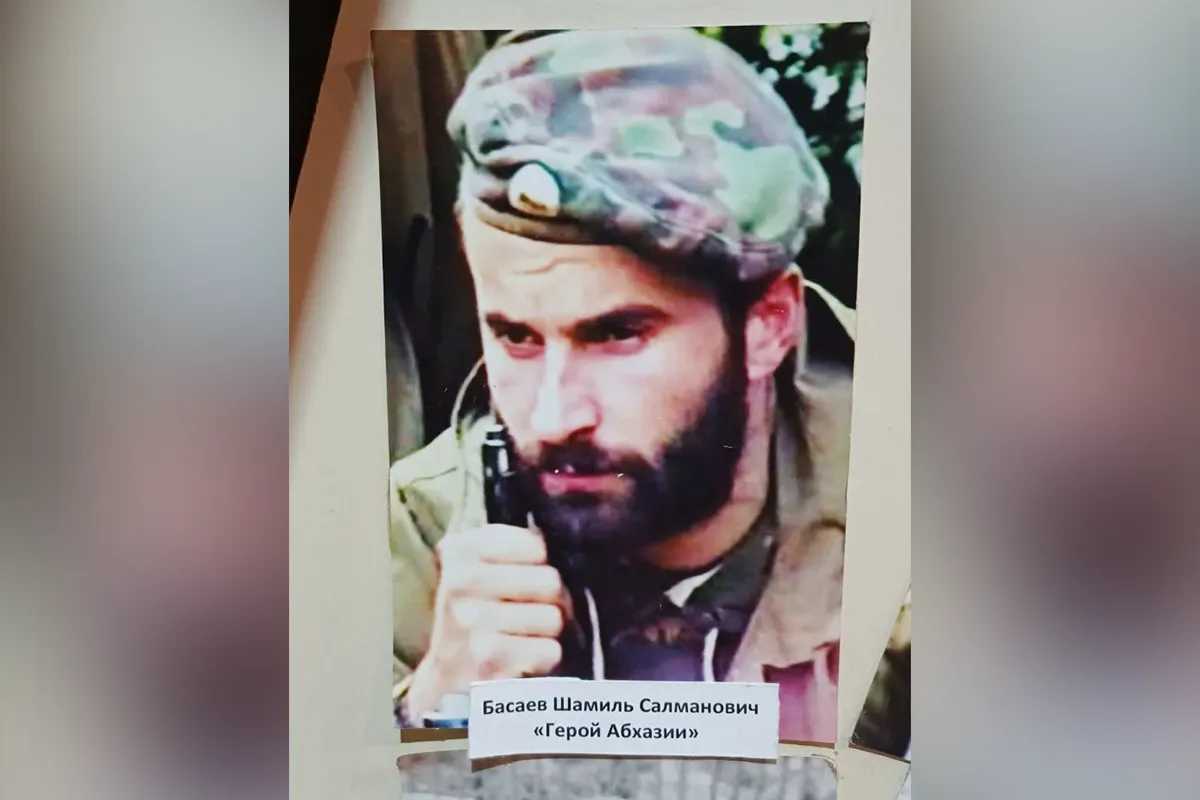Photo of Shamil Basaev from the exhibition at a museum in Sukhumi. Photo: social media.