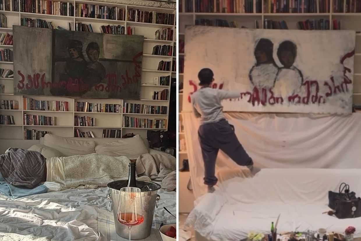 Left: The original version of the painting in a Stamba Hotel room. Right: A foreign guest painting over the artwork. Photos via social media.