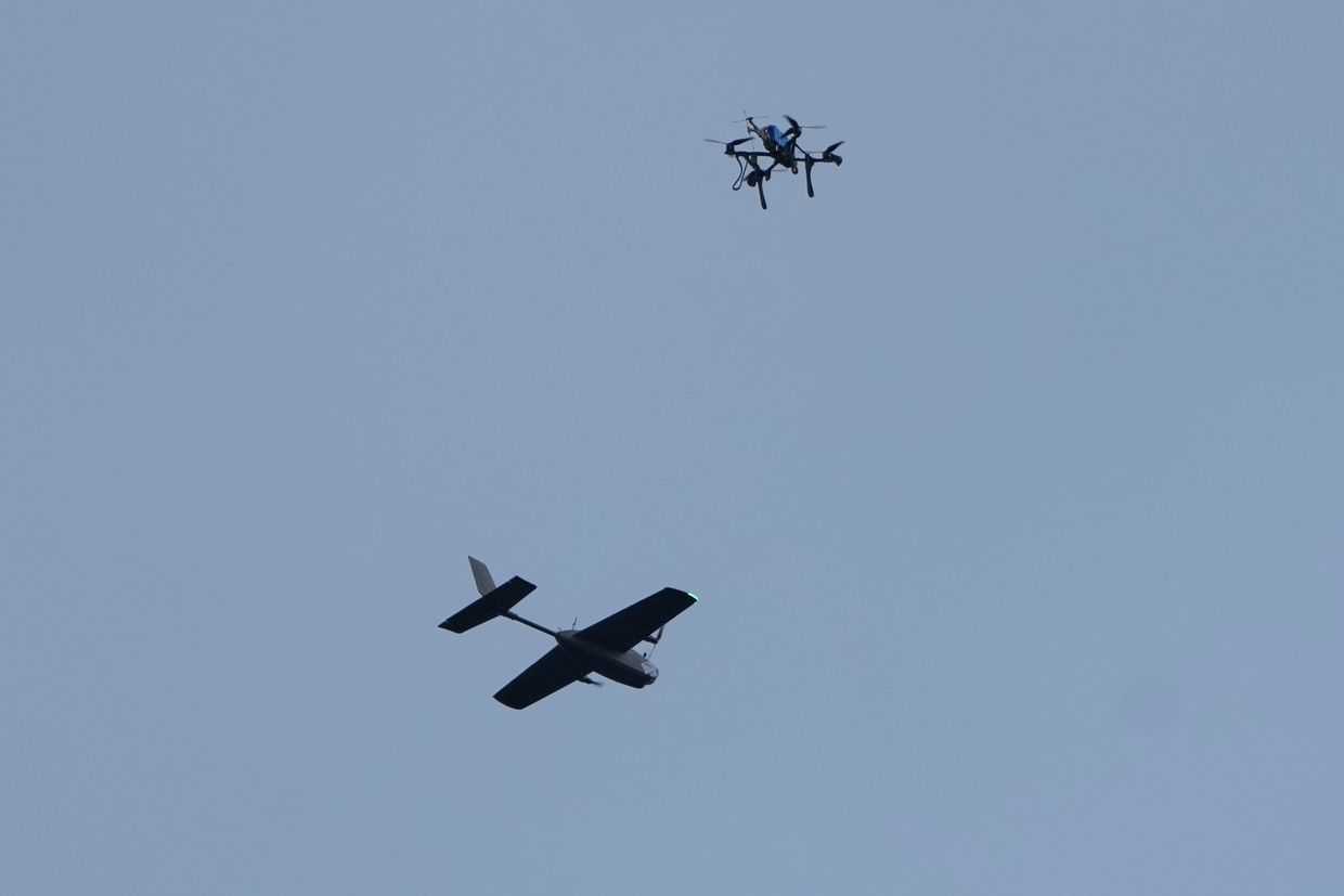 An illustrative photo of a drone hunter intercepting a target drone during drills at the Yatagan School for Unmanned Aerial Systems in Ukraine in March 2026. Photo: AP Photo/Efrem Lukatsky.
