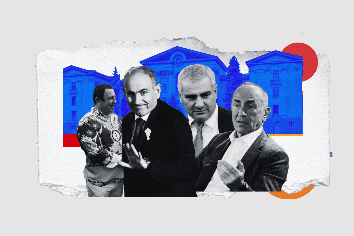 From left to right: businessperson Gagik Tsarukyan of Prosperous Armenia; Armenian Prime Minister Nikol Pashinyan; Armenian–Russian tycoon Samvel Karapetyan; and former president Robert Kocharyan. Collage by OC Media. 