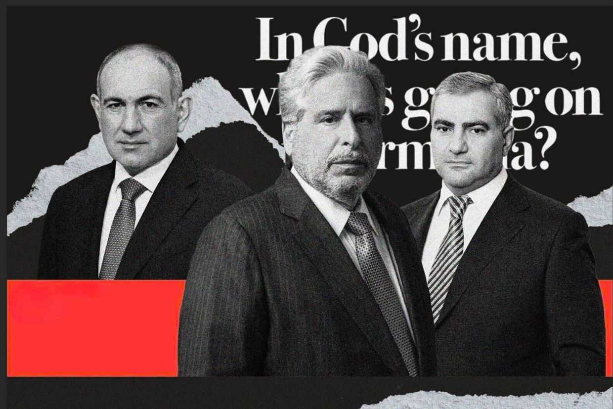 From left to right: Prime Minister Nikol Pashinyan, Attorney Bob Amsterdam, and opposition figure Samvel Karapetyan. Graphic by Joseph Katsitadze/OC Media.