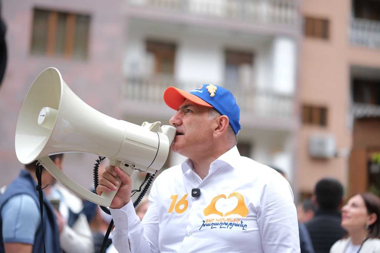 Armenian Prime Minister Nikol Pashinyan campaigning in May 2026. Photo via social media.